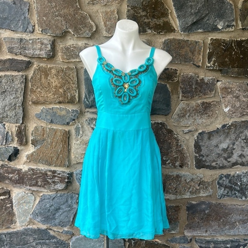 Milly Turquoise Embellished Fit & Flare Dress - Size 4
